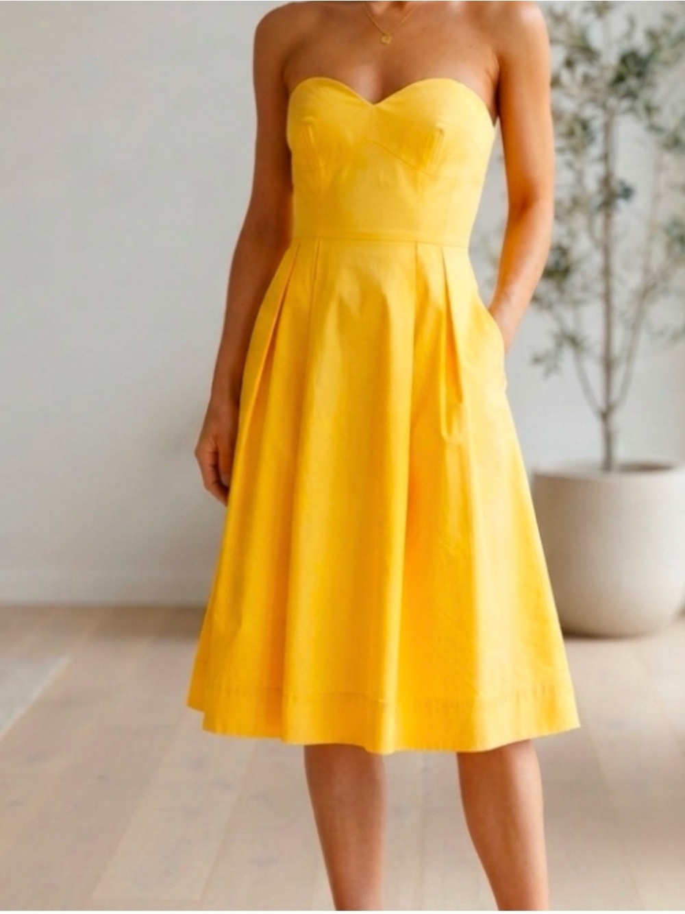 Calvin Klein Strapless Sweetheart Yellow Midi Dress